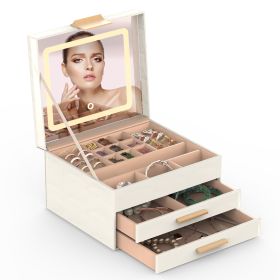 Jewelry Box with LED Mirror 3-Layer Jewelry Organizer with 2 Drawers PU Jewelry Holder with 3 Mirror Light Colors Dimmable for Earrings Rings Bracelet