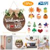 Interchangeable Welcome Sign Seasonal Wood Wall Hanging Front Door Decor with 14 Interchangeable Seasonal Icons for Halloween Christmas Thanksgiving D