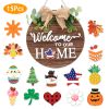 Interchangeable Welcome Sign Seasonal Wood Wall Hanging Front Door Decor with 14 Interchangeable Seasonal Icons for Halloween Christmas Thanksgiving D