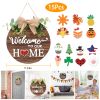 Interchangeable Welcome Sign Seasonal Wood Wall Hanging Front Door Decor with 14 Interchangeable Seasonal Icons for Halloween Christmas Thanksgiving D