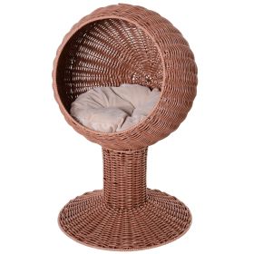PawHut Elevated Cat Bed, Rotatable Egg Chair Pod, Thick Cushion, Natural Mat Grass Woven Kitty House, Brown