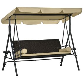 Outsunny 3-Seat Outdoor Porch Swing, with Adjustable Canopy, Removable Cushion, Pillows, Adjustable Shade, and Rattan Seat, Khaki
