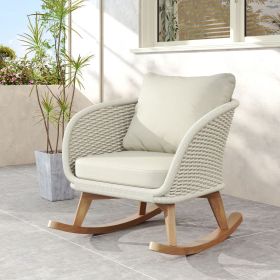 Contemporary Minimalist Beige Wicker Rocking Chair with Soft Polyester Cushions and Durable Wooden Frame