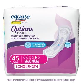 (4 pack) Options Women's Incontinence Pads, Maximum Absorbency, Long Length (45 Count), Compare to Poise®