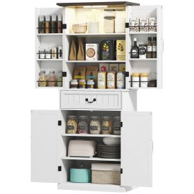 HOMCOM 71" LED Kitchen Pantry Cabinet, Farmhouse Storage Cabinet with Door Shelves, Distressed White