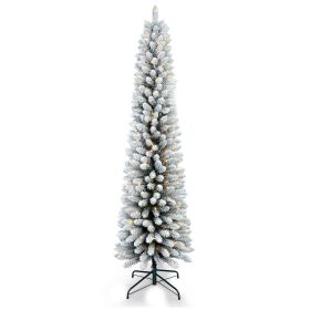 Prelit 6FT PVC Flocked Pencil Tree Artificial Slim Christmas Tree