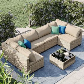 7-Piece Patio Furniture Set, All-Weather Outdoor Conversation Set Sectional Sofa with Water Resistant Beige Thick Cushions and Storage Table(Beig