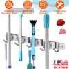 Broom Mop Holder Wall Mount Stainless Steel Mop Hanger Organizer Storage Rack w/ 5 Hooks 4 Mop Clamp Slots For Laundry Room Bathroom Kitchen Garage