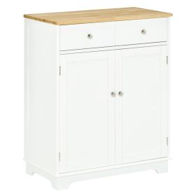 Kitchen Storage Cabinet, Sideboard Floor Cupboard With Solid Wood Top, Adjustable Shelf & 2 Drawers For Living Room, Hallway, White (Color: White)