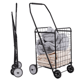 Only Supports Self Pickup Foldable Shopping Grocery Cart With Rollers For Storage, Laundry, Reading, Luggage Travel, Compact And Portable, Black (Color: Black)
