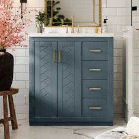 30'' Bathroom Vanity With Ceramic Sink Combo, Solid Wood Frame Bathroom Storage Cabinet, Freestanding Vanity Set With 3 Drawers& Soft Closing Doo (Color: Blue)