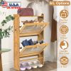 2-Tier Shoe Cabinet with 2 Flip Drawers Slim Bamboo Shoe Rack Freestanding Narrow Shoe Organizer with 44lbs Max Load for Entryway Hallway