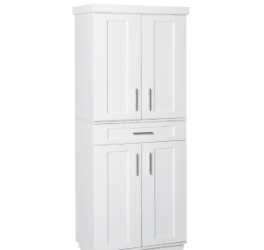 Modern Kitchen Pantry Cabinet Storage With With 4 Doors, Drawer And 3 Adjustable Shelves For Dining Room, White (Color: White)