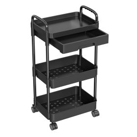 3 Tier Rolling Utility Cart Movable Storage Organizer with Drawer Lockable Wheels 360 Degree Rotatable Hallow Design for Bedroom Bathroom Kitchen (Option: Black_3Tier)