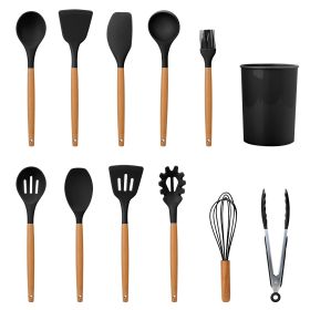 11Pcs Silicone Cooking Utensil Set Heat Resist Wooden Handle Silicone Spatula Turner Ladle Spaghetti Server Tongs Spoon Egg Whish Kitchenware Set w/ H (Option: Black)