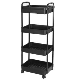 4 Tier Rolling Utility Cart Movable Storage Organizer with Drawer Lockable Wheels 360 Degree Rotatable Hallow Design for Bedroom Bathroom Kitchen (Option: Black_4Tier)