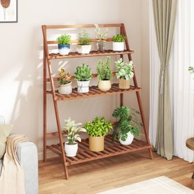 3-Tier Bamboo Ladder Shelf Foldable Plant Flower Bookshelf (Color: Brown)