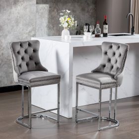 26 Velvet Bar Stools Set Of 2, Counter Height With Button Back  Rivet Trim (Option: Gray)