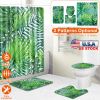 4Pcs Green Leaves Shower Curtain Set with Shower Curtain and 12 Hooks Non-Slip Rug Toilet Lid Cover U Shape Mat