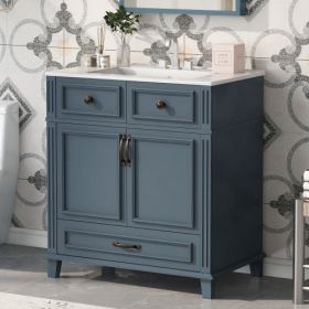 30'' Bathroom Vanity With Ceramic Sink,Solid Wood Frame Bathroom Storage Cabinet With Soft Closing Doors,Retro Style, Blue (Color: Blue)