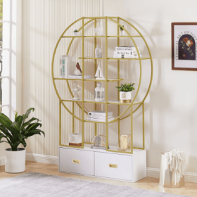 70.8 Inch Round Office Bookcase Bookshelf, Display Shelf, Two Drawers, Gold Frame (Option: Golden)