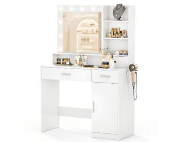 Dressing Table And Mirror, Dressing Table And Bedroom Dressing Table With 3-color Light Options For Adjustable Brightness, White (Option: White2 cabinets)