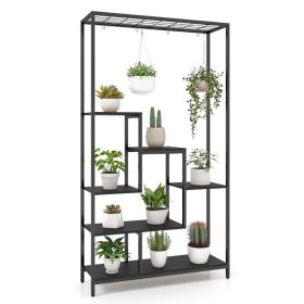 6-Tier Tall Plant Stand 71 Inch Metal Indoor Plant Shelf With 10 Hanging Hooks (Color: Black)