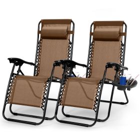 2Packs Zero Gravity Lounge Chair w/ Dual Side Tray 330lbs Load Foldable Recliner Chair w/ Stress Relief Pillow Patio Poolside Beach Lying Chair (Option: Brown)