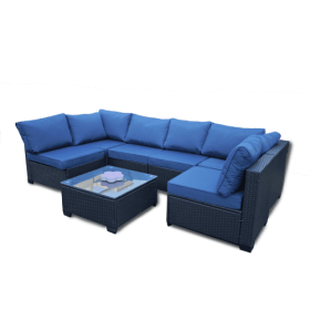 Seven-Piece Sofa Set Table With Sofa Chair Black PE Rattan Outdoor Furniture 7-JH001 Box 3-1-2-3 With Blue Color Cushion (Color: Blue)