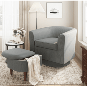 COLAMY Swivel Barrel Accent Chair With Ottoman, Modern Single Sofa, Upholstered Armchair With Storage Space For Home, Beige (Color: Grey)