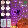 3.28FT Spider Web Light with Hairy Spider 70LED Battery Powered Remote Control 8 Lighting Modes Glowing Outdoor Indoor Wall Halloween Decoration
