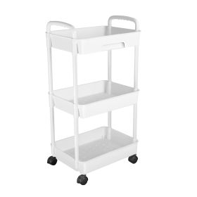 3 Tier Rolling Utility Cart Movable Storage Organizer with Drawer Lockable Wheels 360 Degree Rotatable Hallow Design for Bedroom Bathroom Kitchen (Option: White_3Tier)