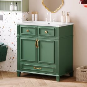 30'' Bathroom Vanity With Resin Sink, Solid Wood Frame Bathroom Storage Cabinet With Soft Closing Doors, Retro Style, Green (Color: Green)