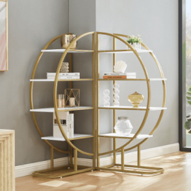 4 Tiers Home Office Open Bookshelf, Round Shape, Different Placement Ways, MDF Board, Gold Metal Frame, Golden (Option: Golden)