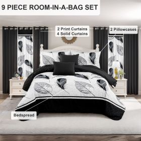 9 Piece Soft All-Season Washed Microfiber Cover Set , Queen/King/Calking Bedding Set With Pillowcases,Bedspread Print Curtains & Solid Curtains,P (Color: black/white feather, size: CAL KING)