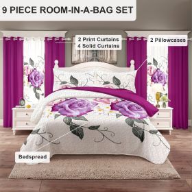 9 Piece Soft All-Season Washed Microfiber Cover Set , Queen/King/Calking Bedding Set With Pillowcases,Bedspread Print Curtains & Solid Curtains,P (Color: pink rose, size: CAL KING)
