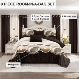 9 Piece Soft All-Season Washed Microfiber Cover Set , Queen/King/Calking Bedding Set With Pillowcases,Bedspread Print Curtains & Solid Curtains,P (Color: Brown leaves, size: QUEEN)