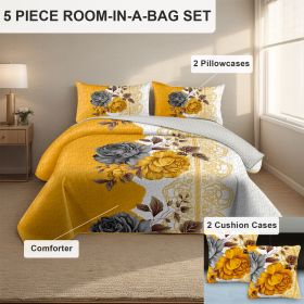 5 Piece Soft All-Season Washed Microfiber And Viscose Comforter Set ,  With Comforter, Sheet, Pillowcases & Shams, Print, Flowerd, Moisture-Wicki (Color: Yellow Blossom, size: CAL KING)