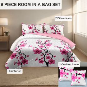 5 Piece Soft All-Season Washed Microfiber And Viscose Comforter Set ,  With Comforter, Sheet, Pillowcases & Shams, Print, Flowerd, Moisture-Wicki (Color: pink mei flower, size: CAL KING)