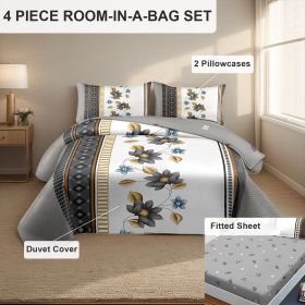 4 Piece Soft All-Season Washed Microfiber Cover Set , Queen/King/Calking Bedding Set With Zipper Closure, Sheet, Pillowcases,Print, Moisture-Wick (Color: grey/white flower, size: QUEEN)