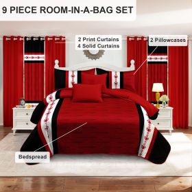 9 Piece Soft All-Season Washed Microfiber Cover Set , Queen/King/Calking Bedding Set With Pillowcases,Bedspread Print Curtains & Solid Curtains,P (Color: red and white Boho, size: CAL KING)