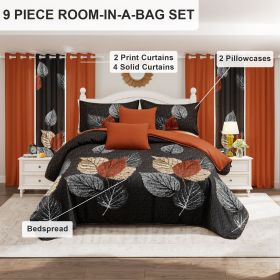 9 Piece Soft All-Season Washed Microfiber Cover Set , Queen/King/Calking Bedding Set With Pillowcases,Bedspread Print Curtains & Solid Curtains,P (Color: Brown/Black Leaf, size: QUEEN)