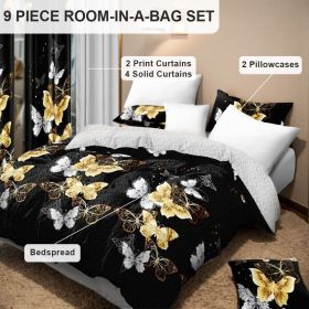 9 Piece Soft All-Season Washed Microfiber Cover Set , Twin/Queen/King/Calking Bedding Set With Pillowcases,Bedspread Print Curtains & Solid Curta (Color: black/gold butterfly, size: QUEEN)