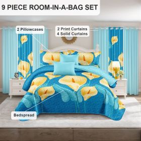 9 Piece in a Bag Thick Touch Bed Cover Curtain Set, Upgraded Luxury Bedspread Set, Bamboo microfiber All Season Bedding-Set For Home, RV Beding (Color: blue/yellow flower, size: KING)