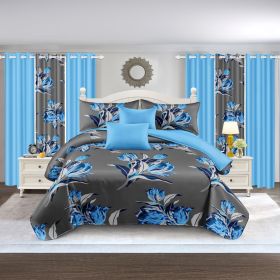 9 Piece in a Bag Thick Touch Bed Cover Curtain Set, Upgraded Luxury Bedspread Set, Bamboo microfiber All Season Bedding-Set For Home, RV Beding (Color: grey/blue jewel flower, size: KING)