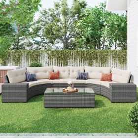 8-pieces Outdoor Wicker Round Sofa Set;  Half-Moon Sectional Sets All Weather;  Curved Sofa Set With Rectangular Coffee Table;  PE Rattan Water-r (Color: Beige)