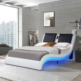 Faux Leather Upholstered Platform Bed Frame with led lighting; Bluetooth connection to play music  RGB control; Backrest vibration massage; Curve (Color: White)