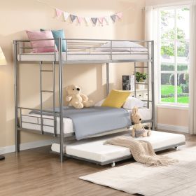 Over Twin Bunk Bed Frame with Trundle,Metal Bunkbed with Sturdy Guard Rail and 2 sideLadders for Kids/Adults,Can be Divided Into Two Beds (Color: Silver)