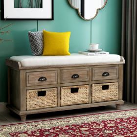 Rustic Storage Bench with 3 Drawers and 3 Rattan Baskets,Shoe Bench for Living Room,Entryway (Color: White Washed, Material: Solid Wood)