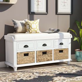Rustic Storage Bench with 3 Drawers and 3 Rattan Baskets,Shoe Bench for Living Room,Entryway (Color: White, Material: Solid Wood)